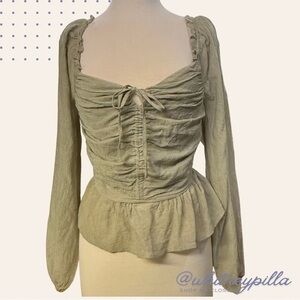 3/$20 Celebrity Pink Top Ruched Tie-Front Long Sleeve Peplum Sage green Small